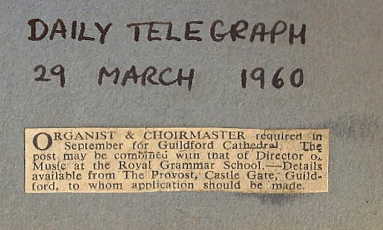 Image: Advertisement for Organist, Guildford Cathedral